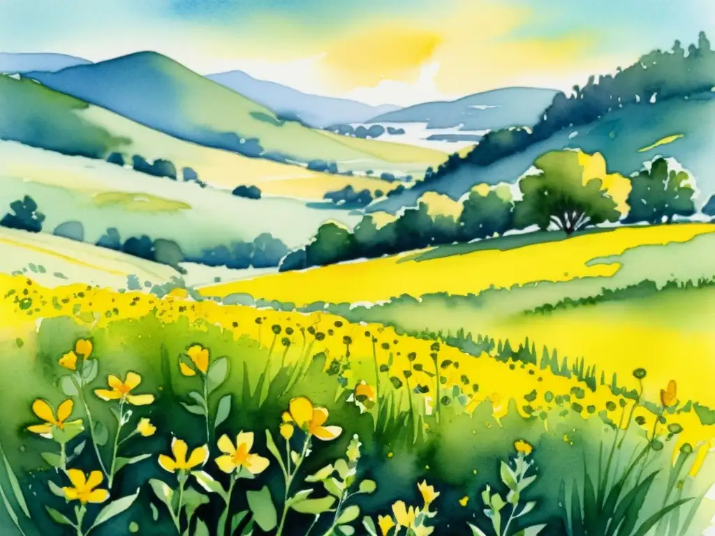 Una ilustración serena de un campo de vibrantes flores amarillas de hierba de San Juan, con luz solar entre las hojas y sombras moteadas en el suelo