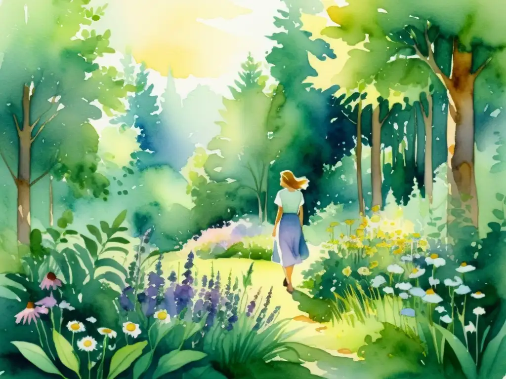 Armonía en el bosque: recolección consciente de plantas medicinales Una ilustración serena de un claro en el bosque, donde se recogen plantas medicinales con técnicas de cosecha respetuosas