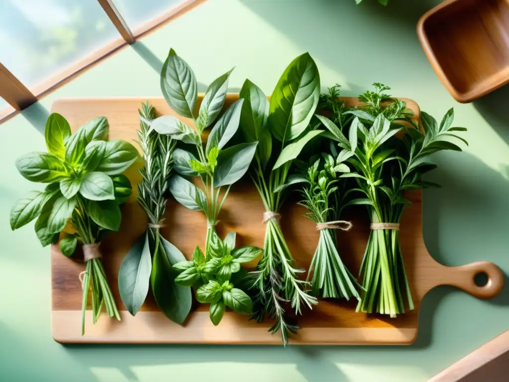 Una serena escena de cocina ilustrada con acuarelas detalladas, mostrando hierbas medicinales para cocinar en una tabla de cortar de madera rústica