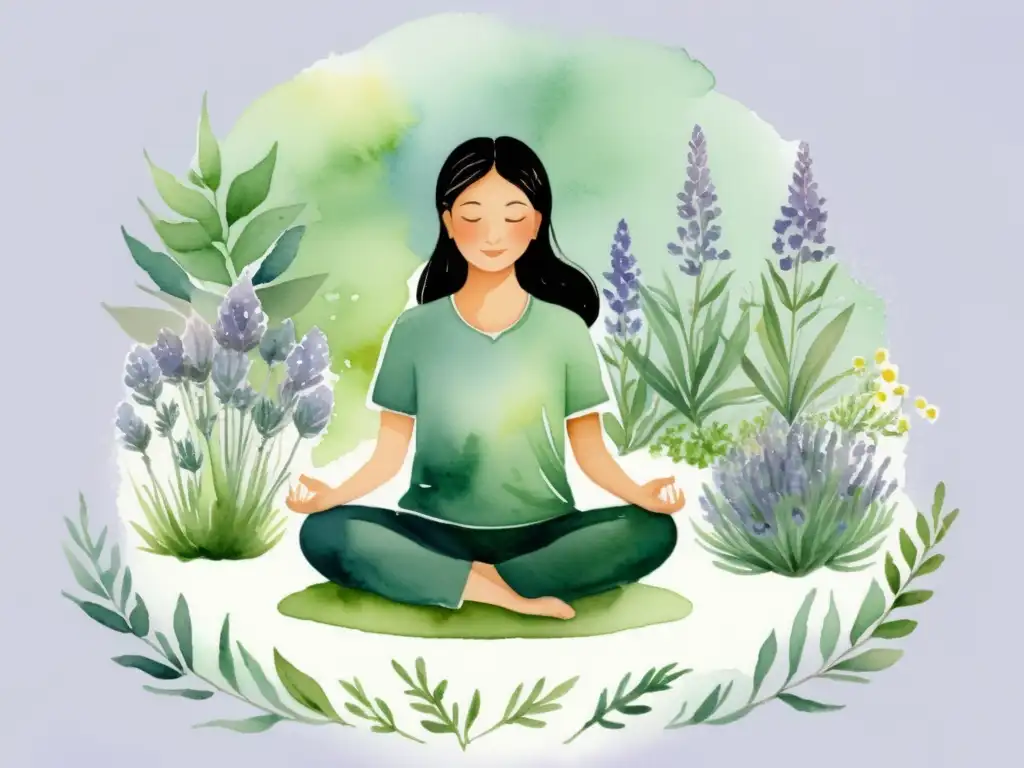 Una ilustración serena de un espacio de meditación con hierbas calmantes para meditación, transmitiendo tranquilidad y serenidad