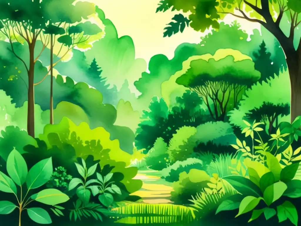 Serena ilustración acuarela de un exuberante bosque con plantas adaptógenas para ansiedad, bañado en suave luz dorada