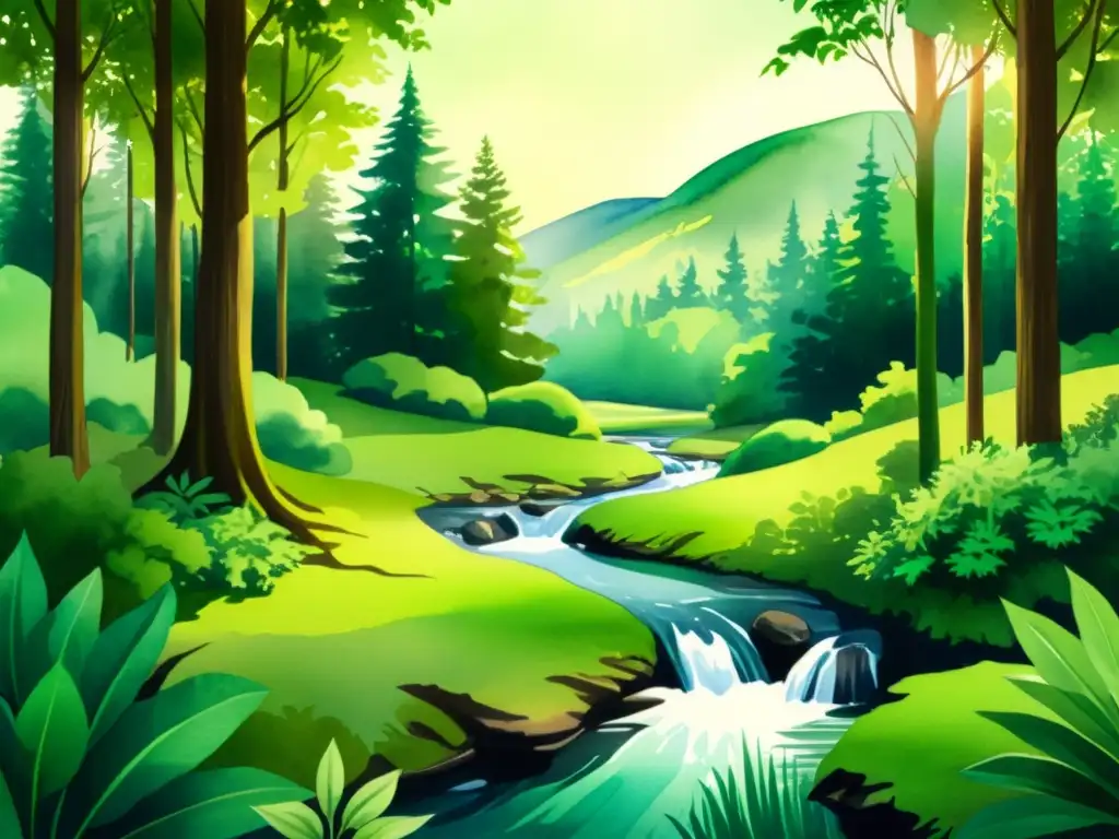 Una ilustración acuarela serena de un exuberante bosque verde con un arroyo tranquilo
