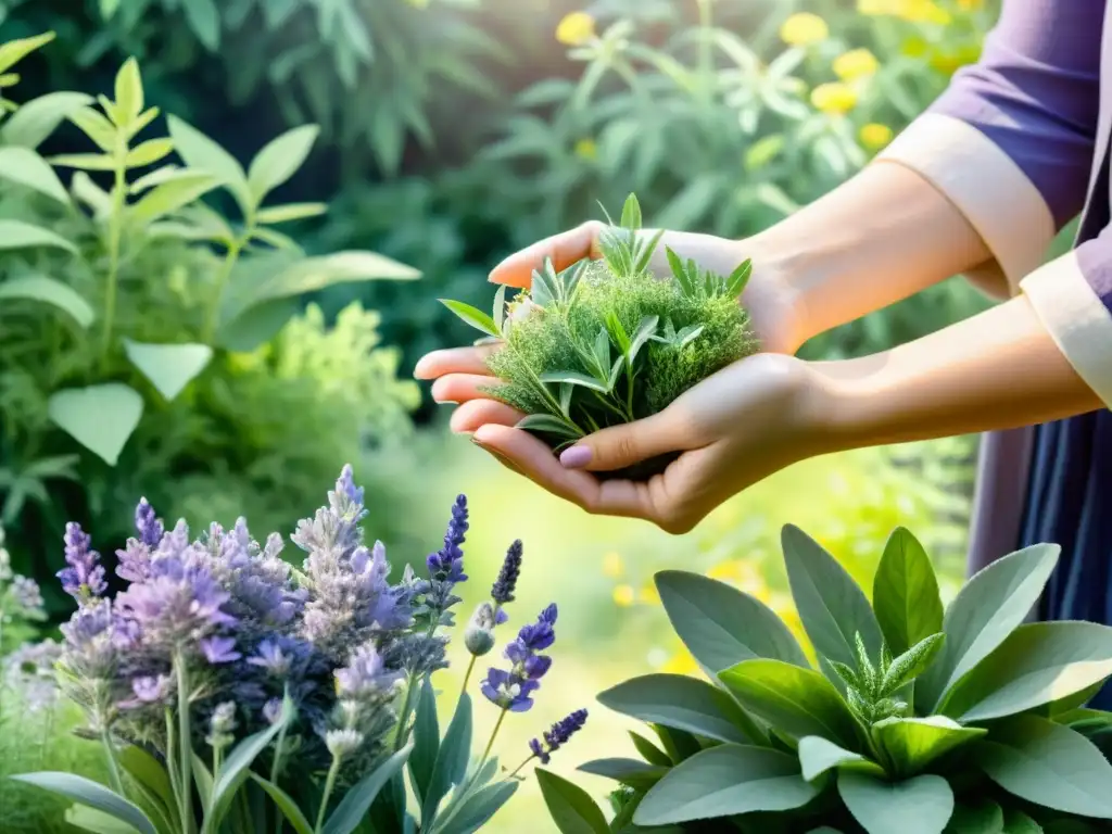 Una ilustración acuarela serena de un exuberante jardín con plantas medicinales en terapia Reiki