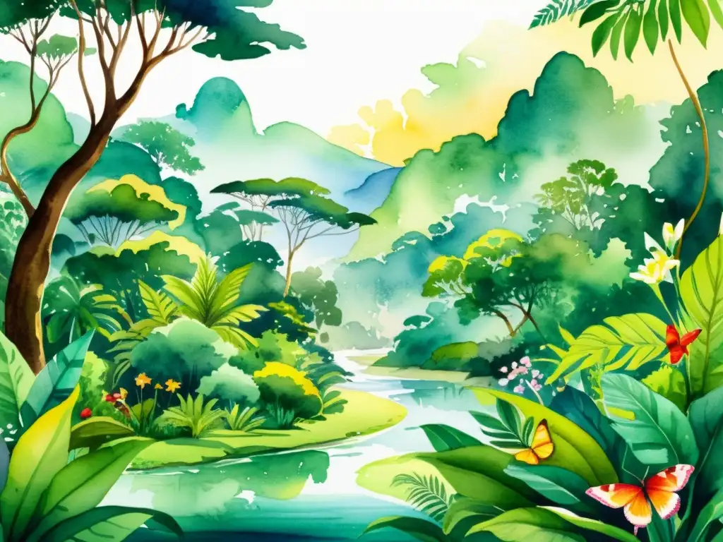 Una ilustración acuarela serena de un exuberante y vibrante bosque tropical, con un río tranquilo y flora y fauna diversa