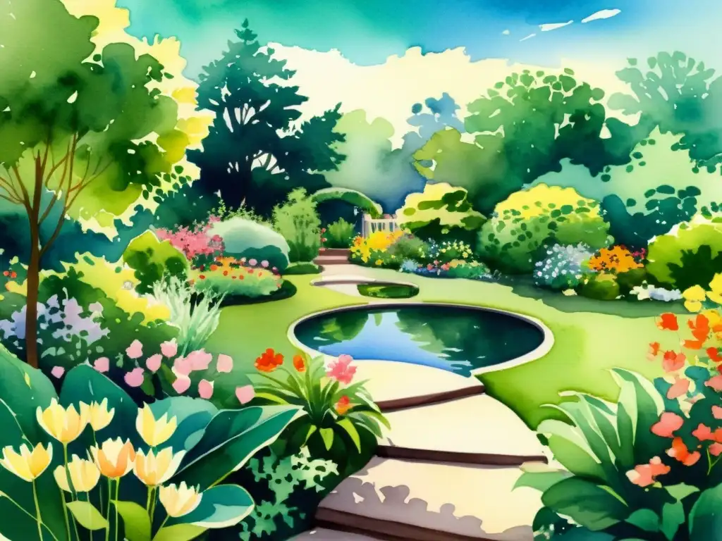 Una ilustración acuarela serena de un exuberante jardín botánico, con vegetación vibrante y flores coloridas