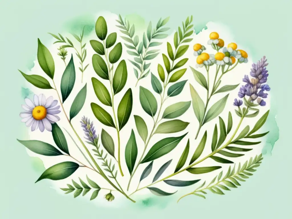 Una ilustración serena de hierbas medicinales para práctica Pranayama evoca calma y curación natural con eucalipto, lavanda y manzanilla