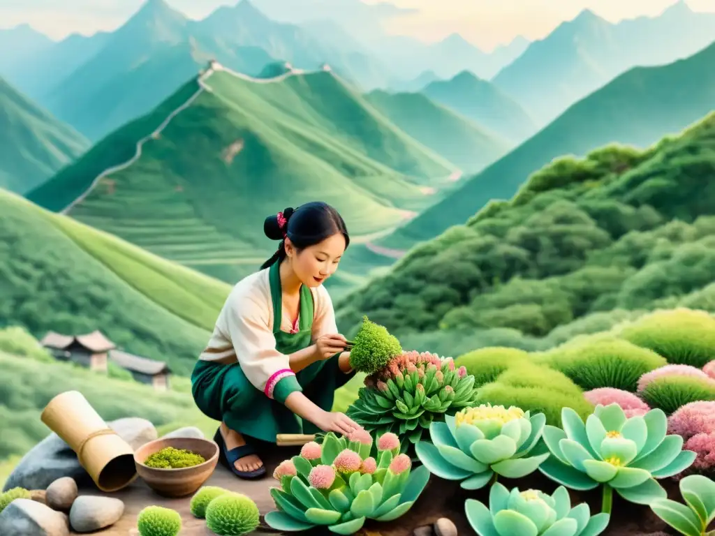 Un ilustración acuarela serena muestra la integración de rhodiola en Medicina China con un herborista recolectando raíces en la montaña