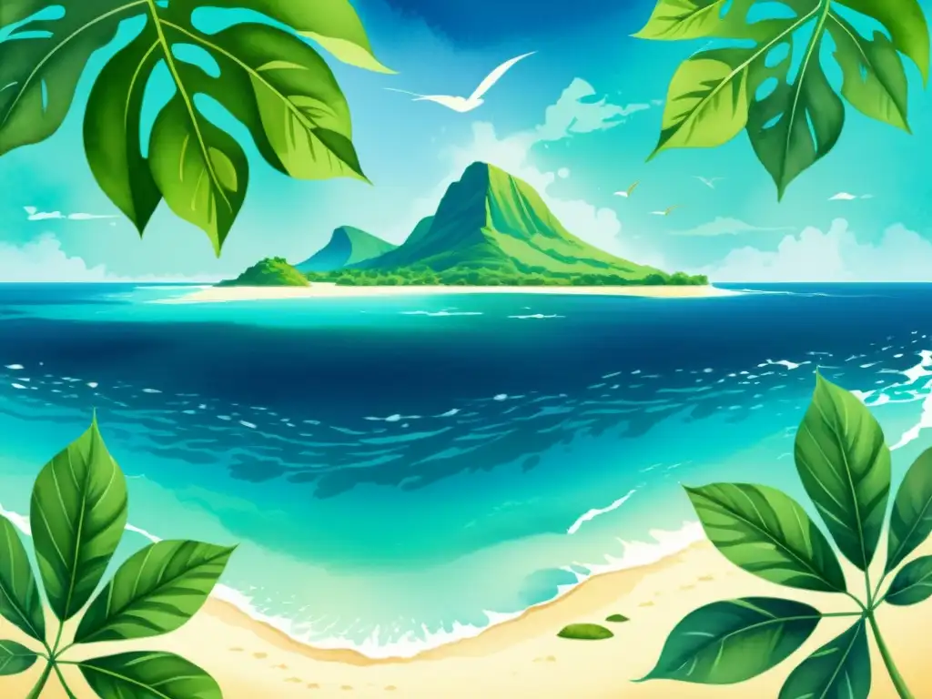 Una ilustración serena de una isla tropical del Pacífico con exuberantes plantas de kava