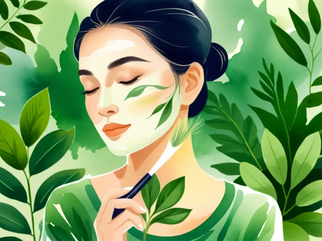 Una ilustración serena de una mujer aplicando una crema calmante con hierbas adaptógenas a su piel, rodeada de naturaleza exuberante