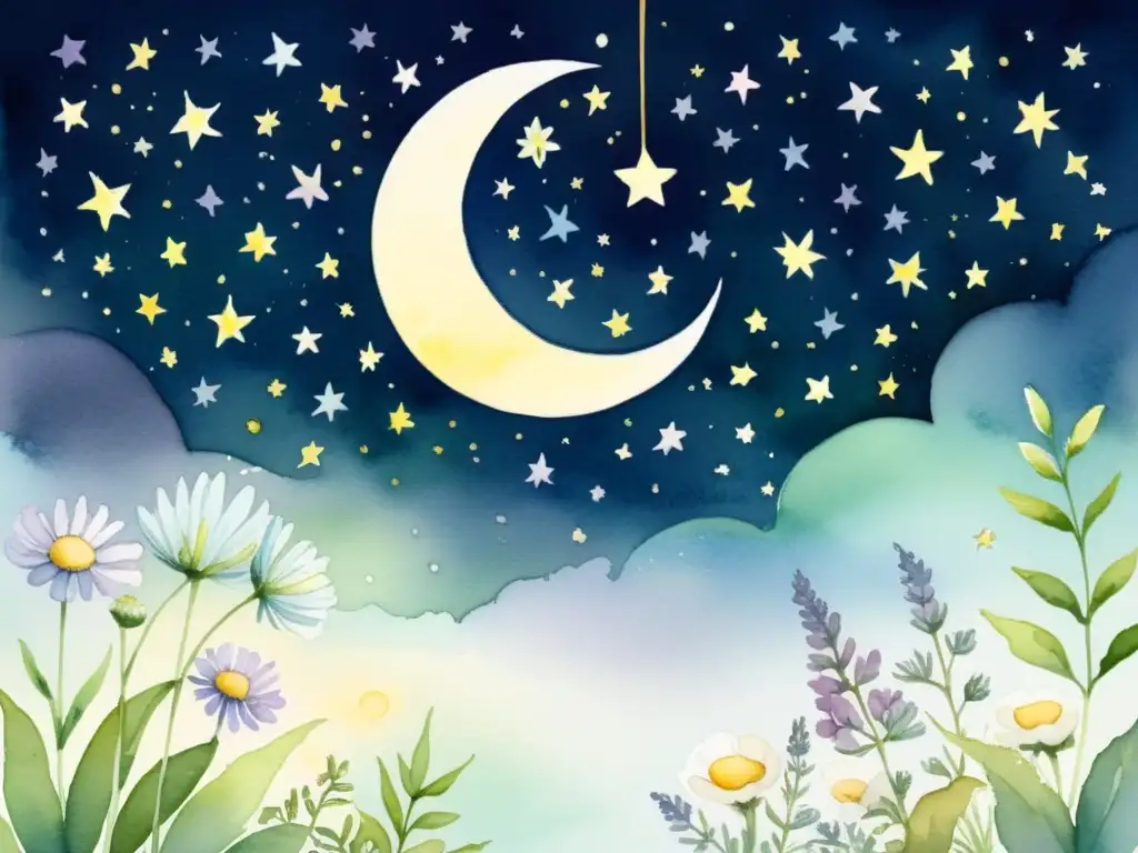 Jardín nocturno de hierbas relajantes bajo la luna creciente Una ilustración acuarela serena de noche con un jardín tranquilo iluminado por la luna creciente