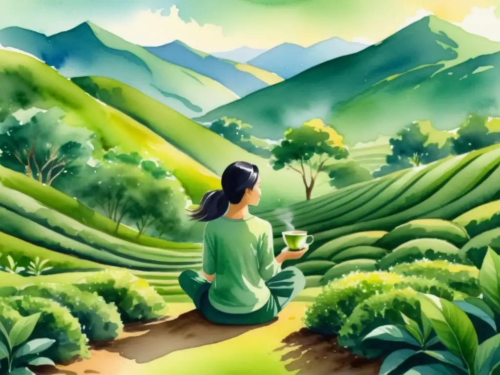 Una ilustración serena de una persona disfrutando de un té verde en un jardín tranquilo