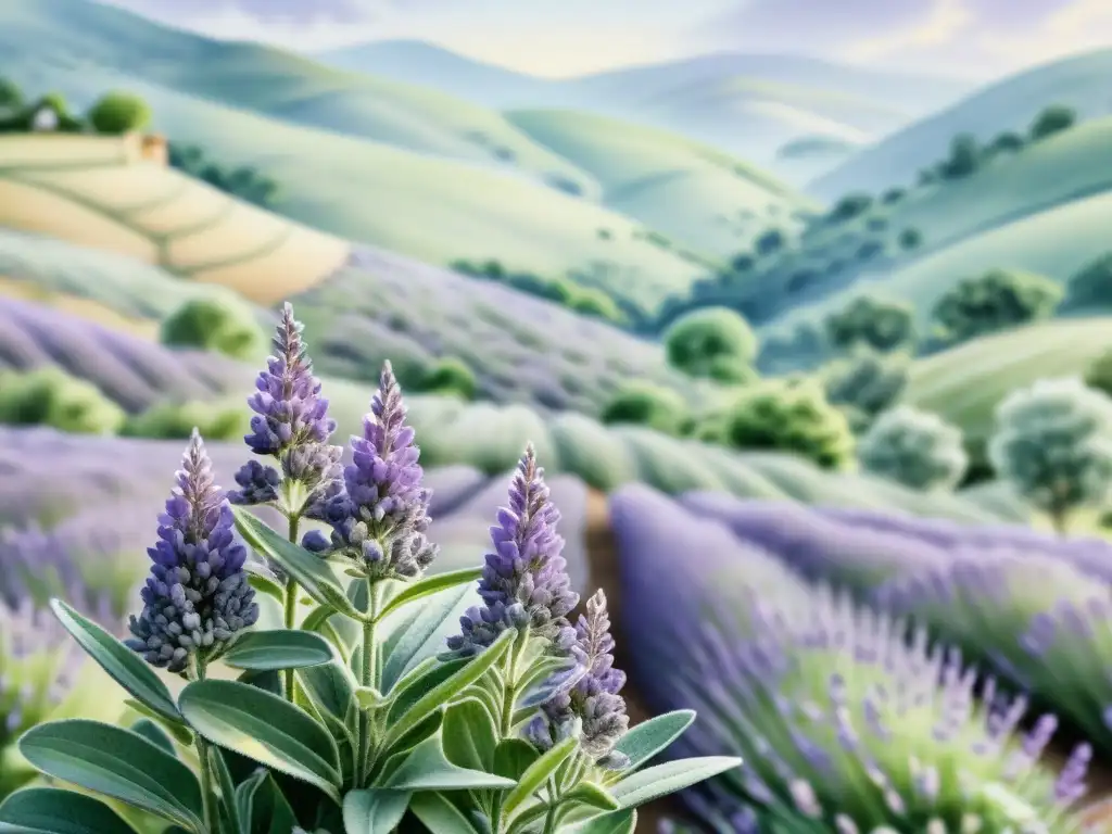 Una ilustración acuarela serena de una planta de lavanda en plena floración, en un paisaje de colinas y un campo tranquilo