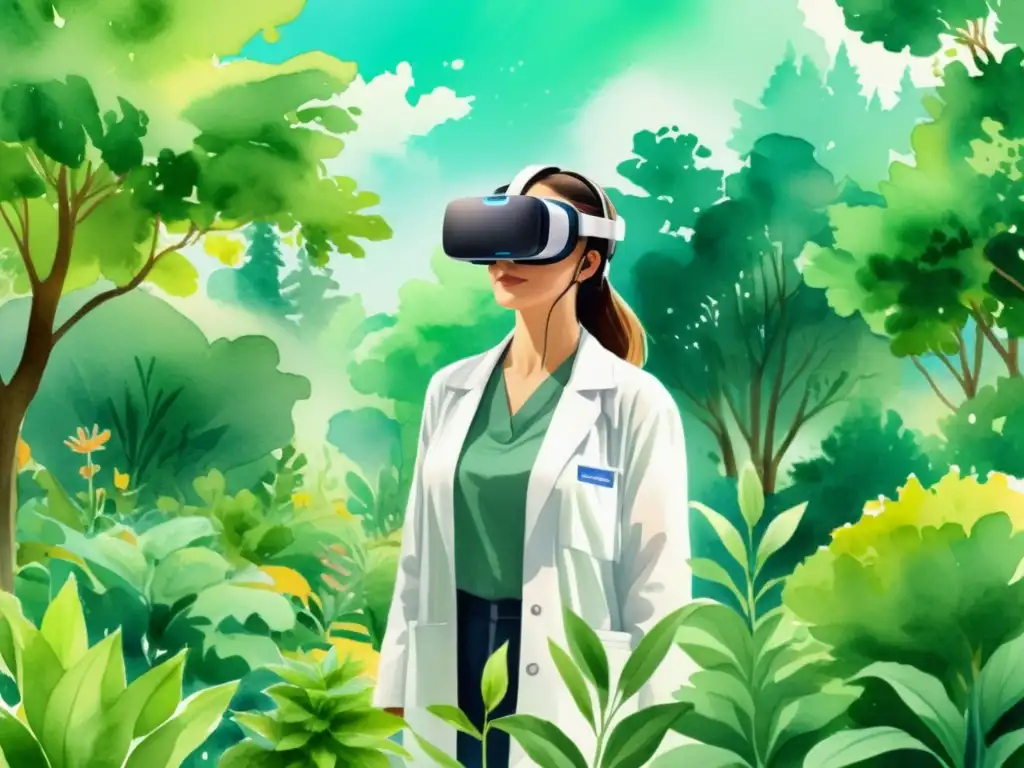 Serena ilustración acuarela de simulador realidad virtual herbología clínica, con jardín botánico exuberante y figura profesional en entorno etéreo