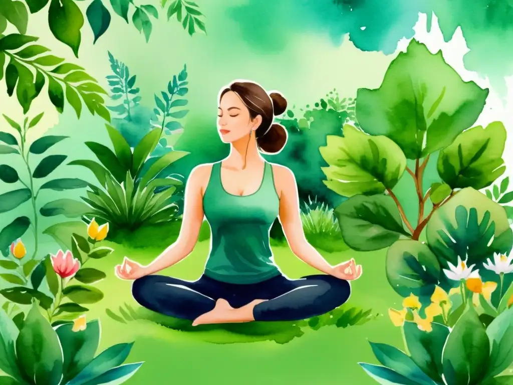 Una ilustración serena de yoga entre plantas medicinales y flores vibrantes, con efecto acuarela