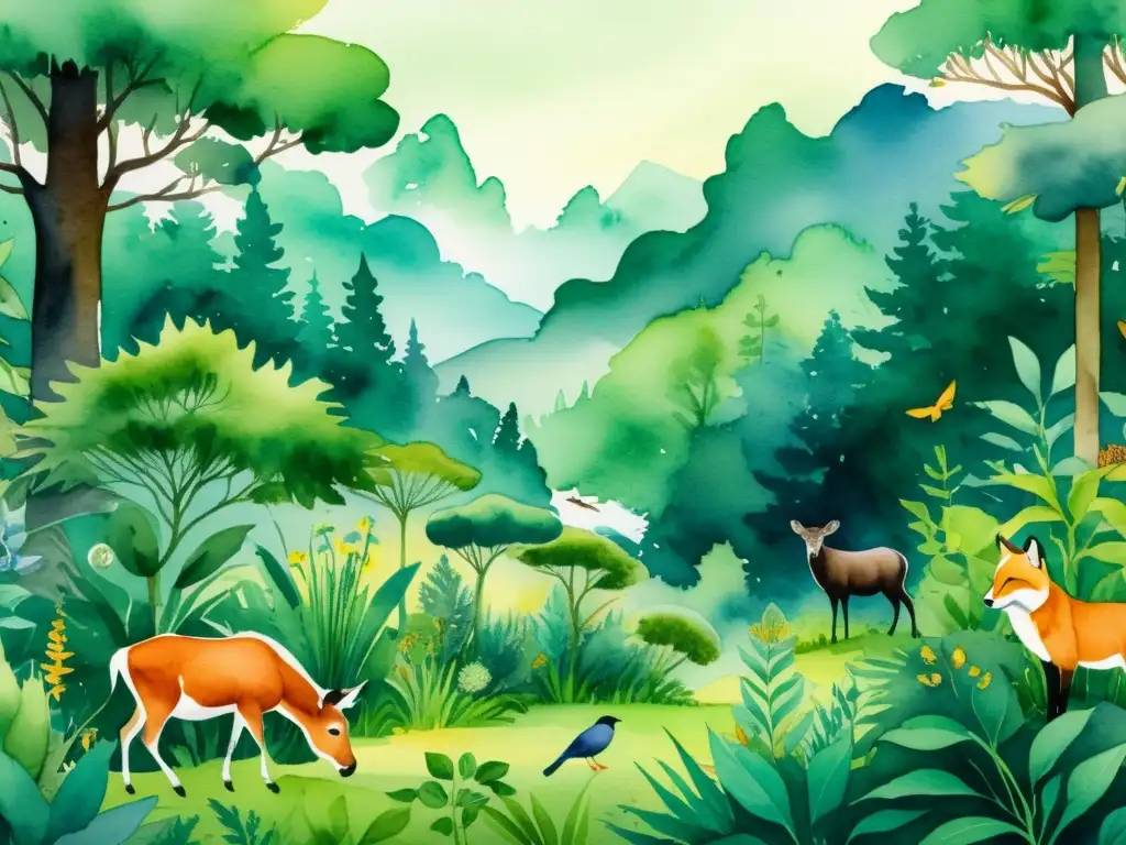 Ilustración acuarela 8k de un sereno bosque con animales y plantas medicinales, mostrando la armonía entre la naturaleza y la fitoterapia en animales consideraciones éticas