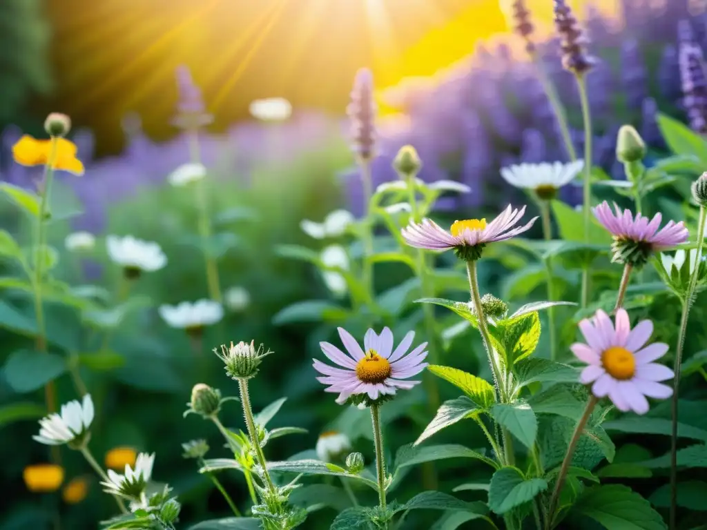 Jardín herbal sereno bañado en luz dorada, con una variedad de hierbas vibrantes y saludables