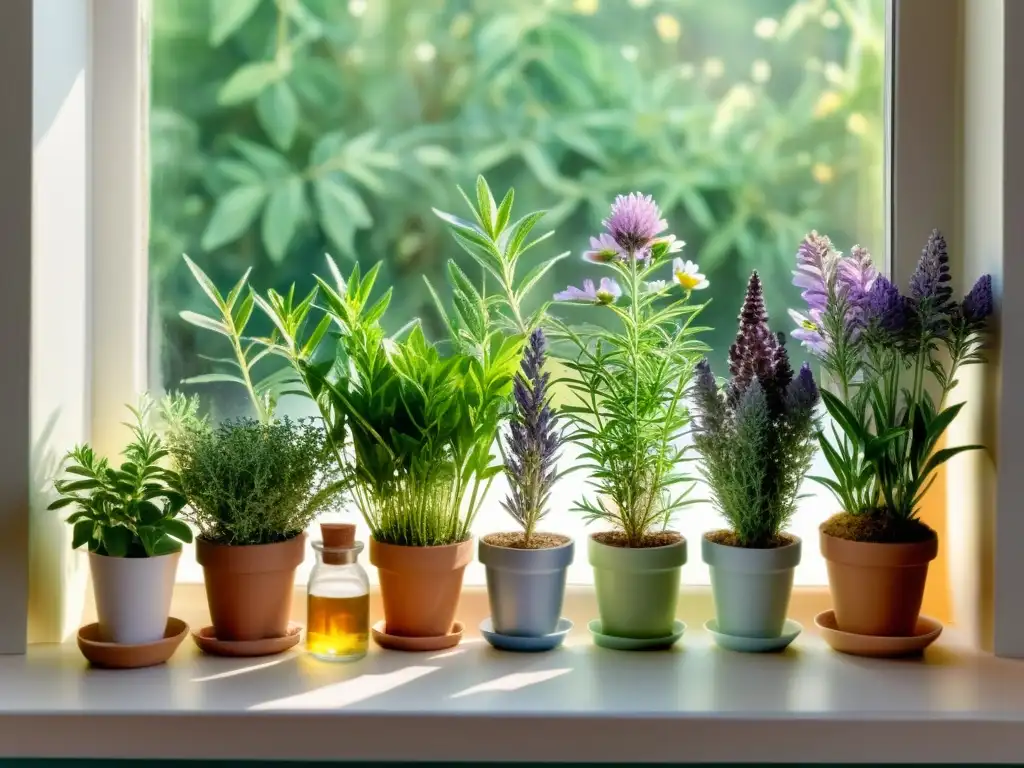 Un sereno alféizar con cultivo de hierbas medicinales en casa, bañado por la luz del sol y una atmósfera de tranquilidad y curación natural