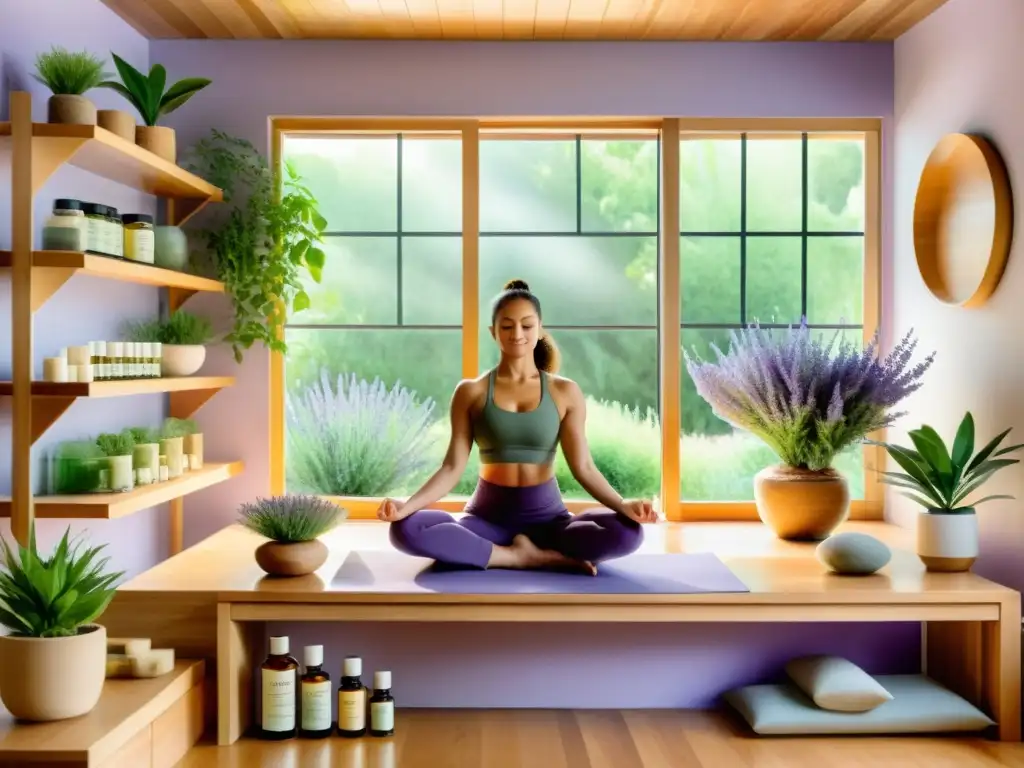 Un sereno estudio de yoga con plantas verdes, aceites aromáticos, y practicante en meditación