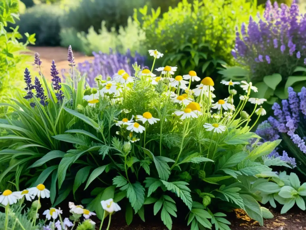 Un jardín herbal sereno y exuberante invita a la exploración y la apreciación de la naturaleza, con precauciones interacción suplementos herbales