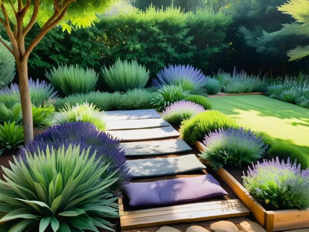 Un jardín de yoga sereno y exuberante, con plantas medicinales cultivadas en filas ordenadas