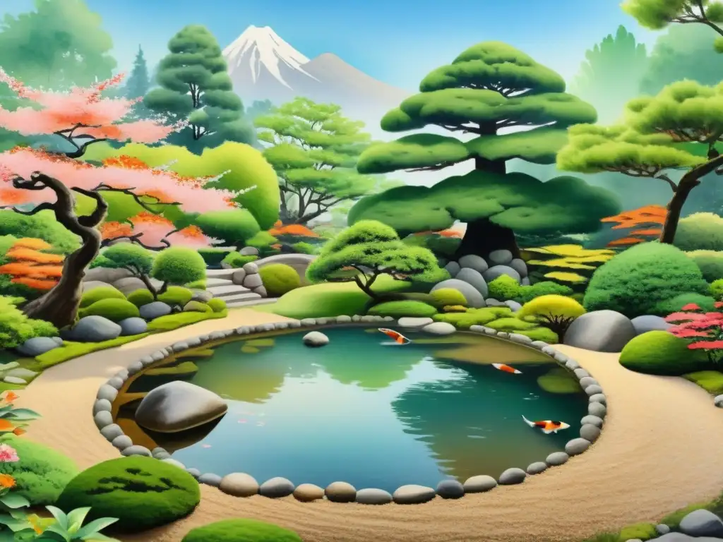 Un sereno jardín zen japonés en acuarela con herbolaria en la filosofía budista