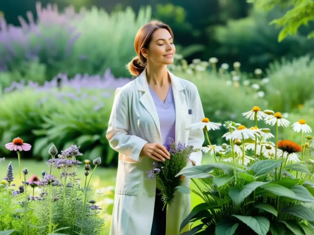 Un jardín botánico sereno, con plantas medicinales para homeostasis natural, cuidadas con amor en tonos suaves y terapéuticos