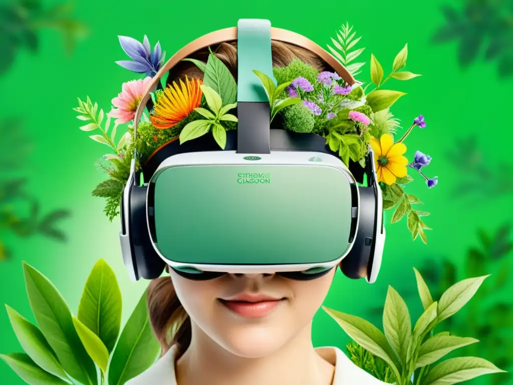 Simuladores realidad virtual herbología clínica: Estudiante usando visor VR con ilustraciones botánicas y jardín educativo