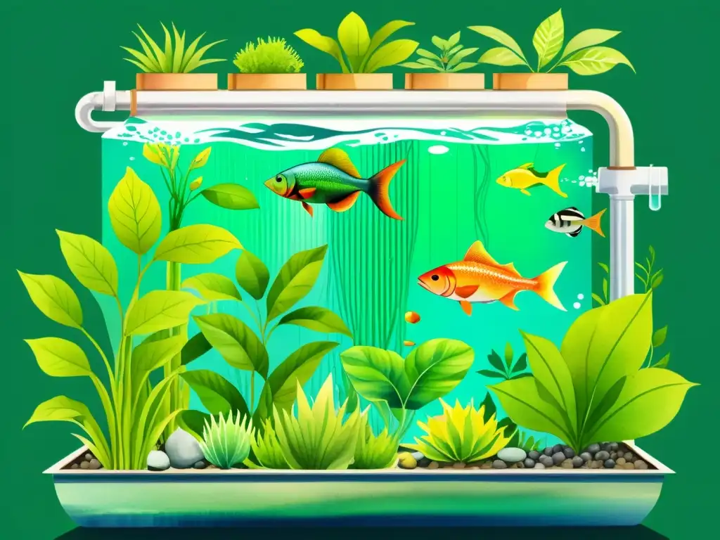 Un sistema acuapónico exuberante con plantas medicinales y peces vibrantes