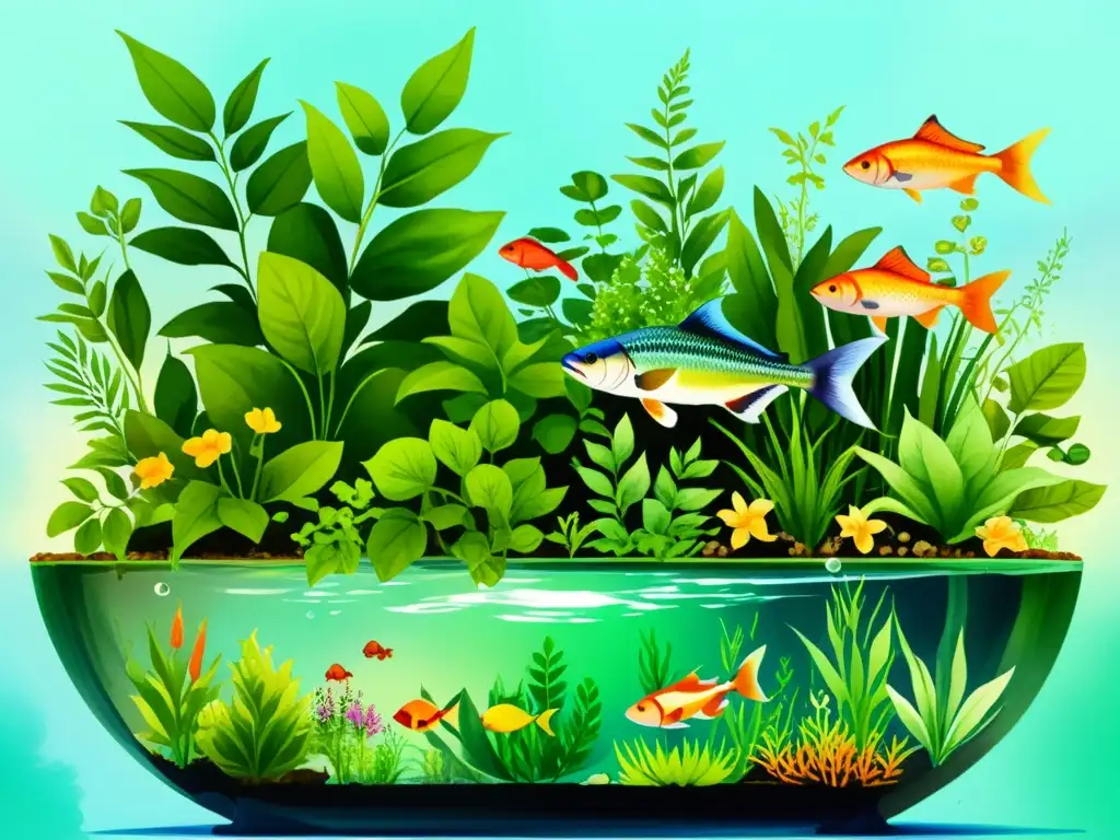 Un sistema de acuaponía próspero, con plantas exuberantes y peces coloridos en armonía