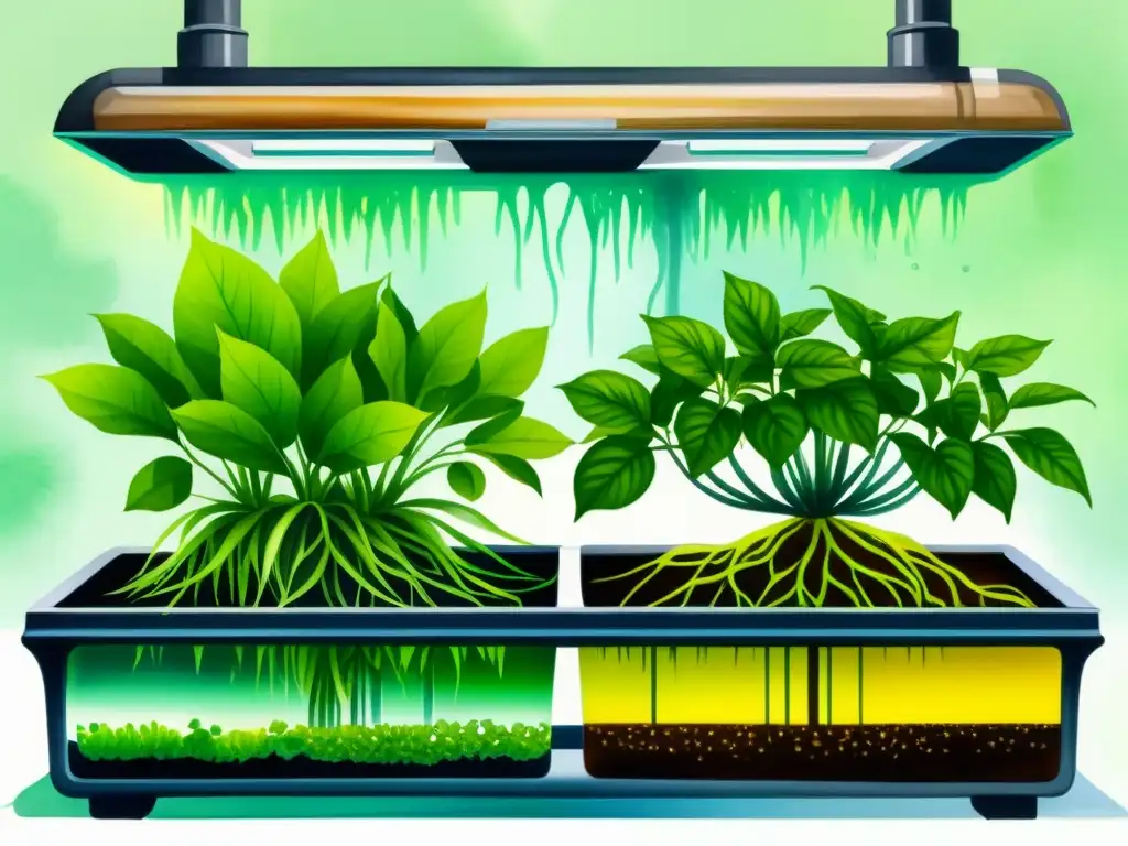 Dos sistemas hidropónicos contrastantes: recirculación vs sistema abierto, detallados en una vibrante pintura acuarela