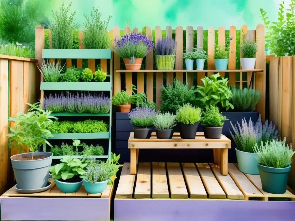 Un jardín sostenible con plantas aromáticas y muebles reciclados