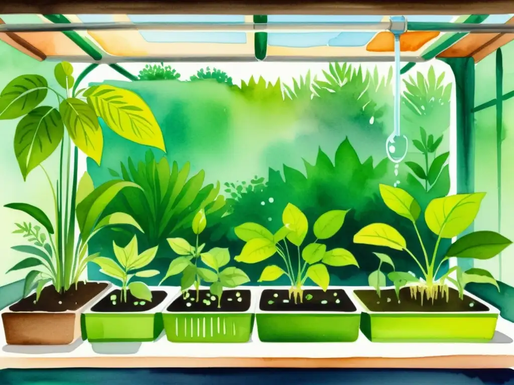 Un jardín hidropónico sostenible, con plantas exuberantes creciendo en agua rica en nutrientes, rodeado de un sistema de tubos y tanques