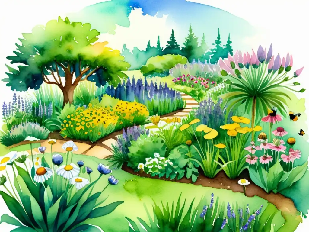 Un jardín de permacultura sostenible con plantas medicinales en una ilustración acuarela vibrante y exuberante