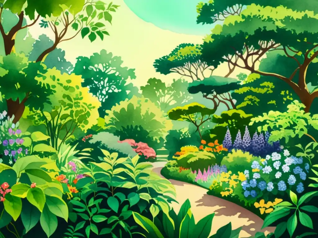 Producción sostenible de remedios naturales: Ilustración acuarela de exuberante jardín botánico, repleto de vida, flores y plantas vibrantes bajo la luz del sol