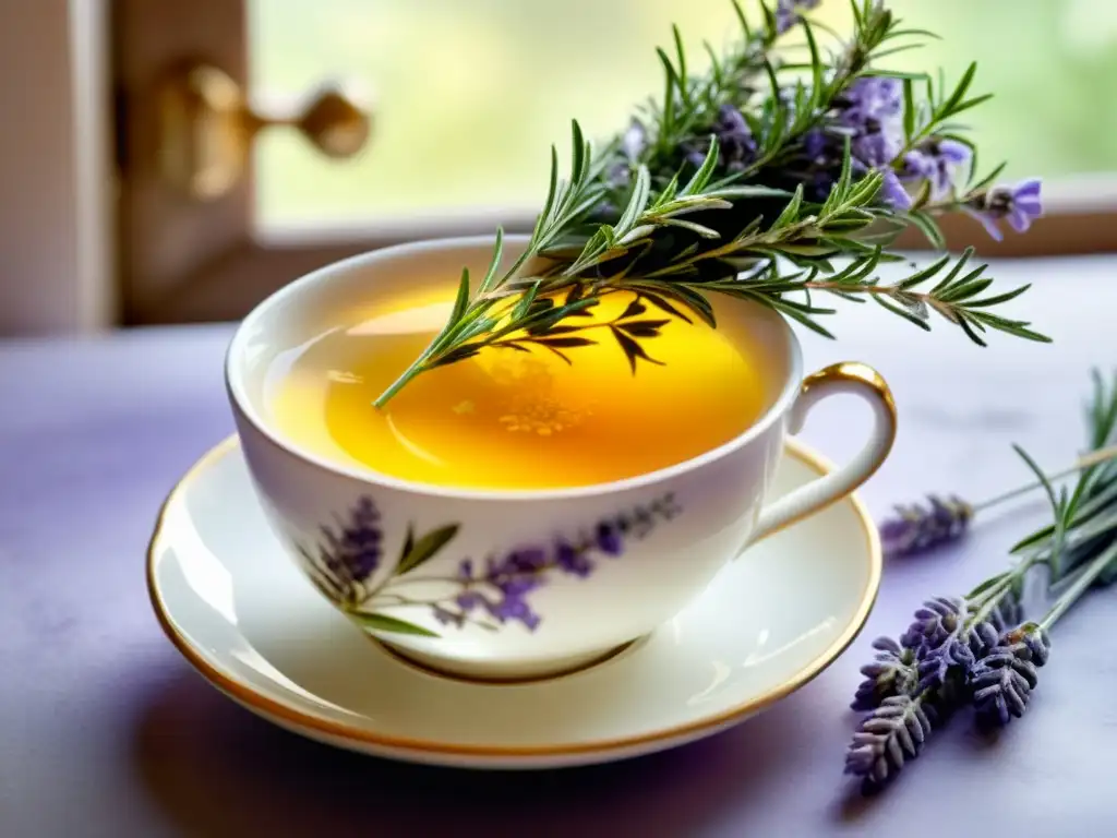 Una taza de porcelana llena de infusión herbal rodeada de lavanda, romero y manzanilla, con luz dorada