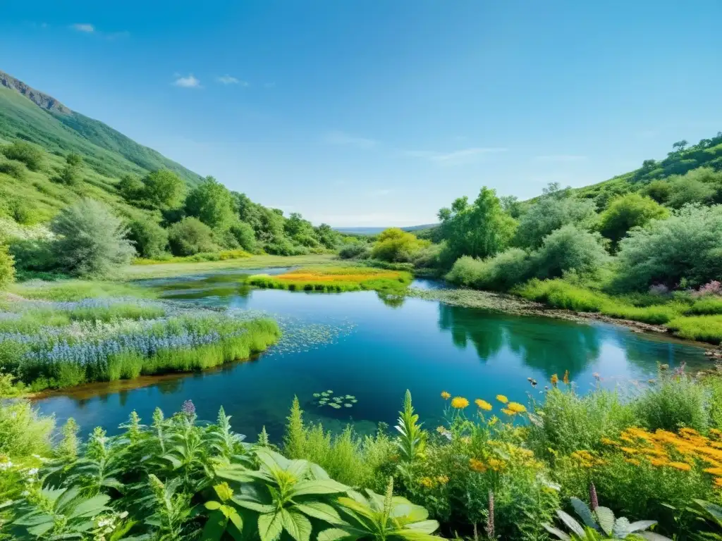 Técnicas de cultivo sostenible de plantas medicinales en un paisaje natural lleno de vida, color y armonía