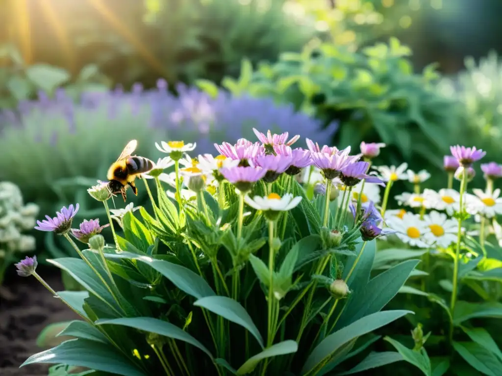 Un jardín terapéutico lleno de plantas medicinales como lavanda, manzanilla, menta y equinácea