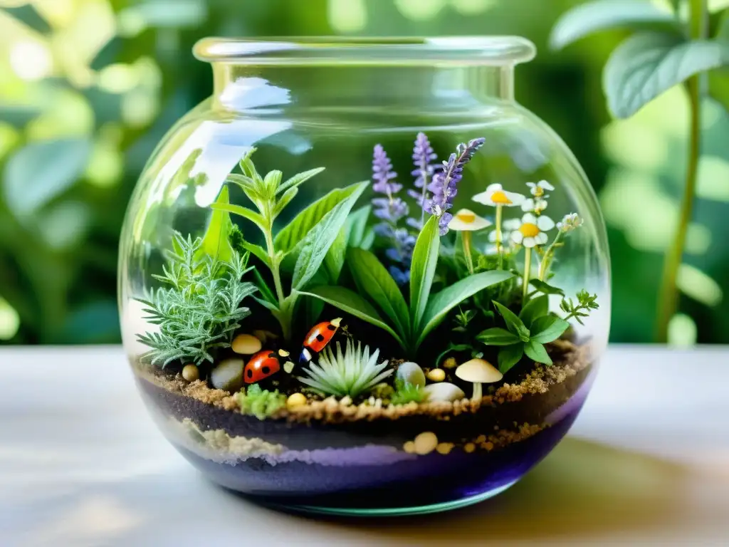 Un terrario exuberante con plantas medicinales, hongos y mariquitas, creando un ambiente sereno y encantador