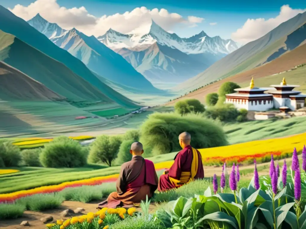 Tibetanos recolectando plantas medicinales en un campo, rodeados de montañas nevadas y banderas de oración, creando una atmósfera sagrada y serena