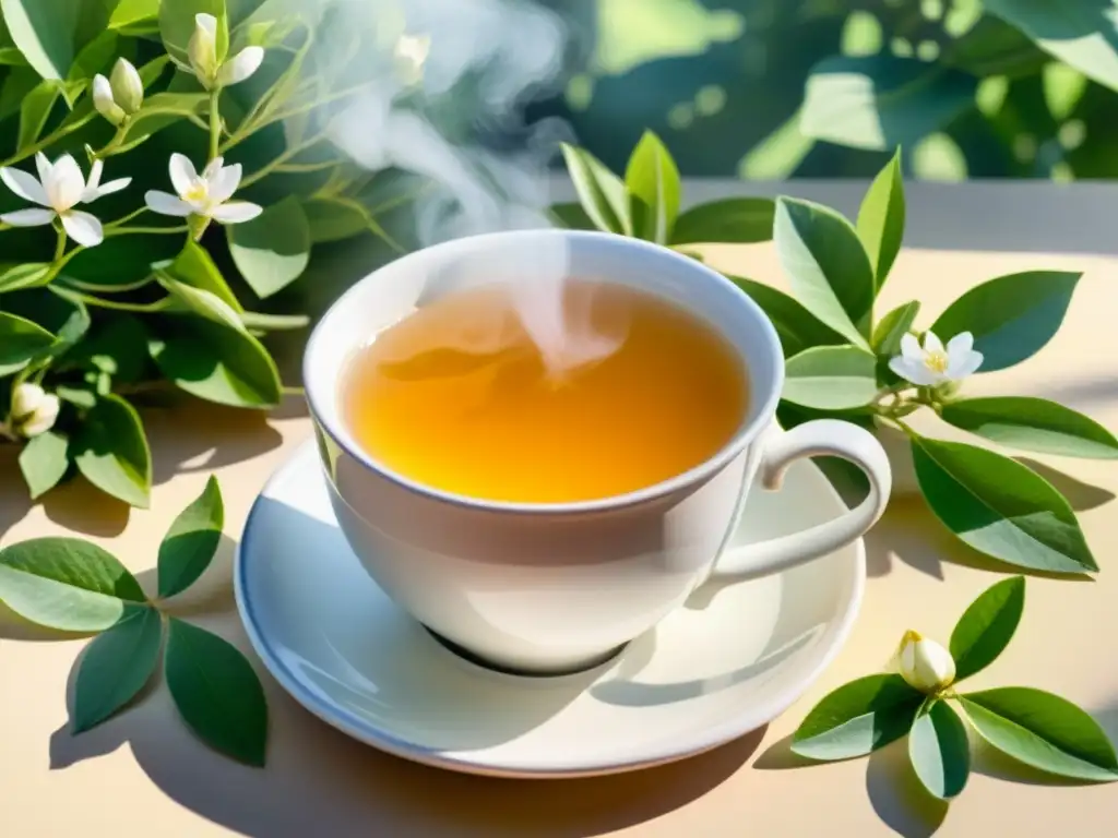 Tila tea: una pausa serena para tu bienestar Té de tila beneficios salud: Ilustración en acuarela de una taza de tila humeante rodeada de flores y vegetación, evocando calma y tranquilidad