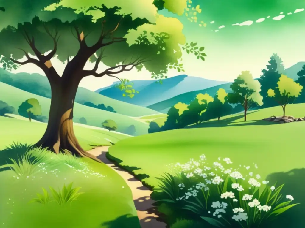Idílico prado verde con arroyo y tilo en acuarela Té de tila beneficios salud: Ilustración serena de un prado verde con un arroyo, y un tilo en flor en primer plano