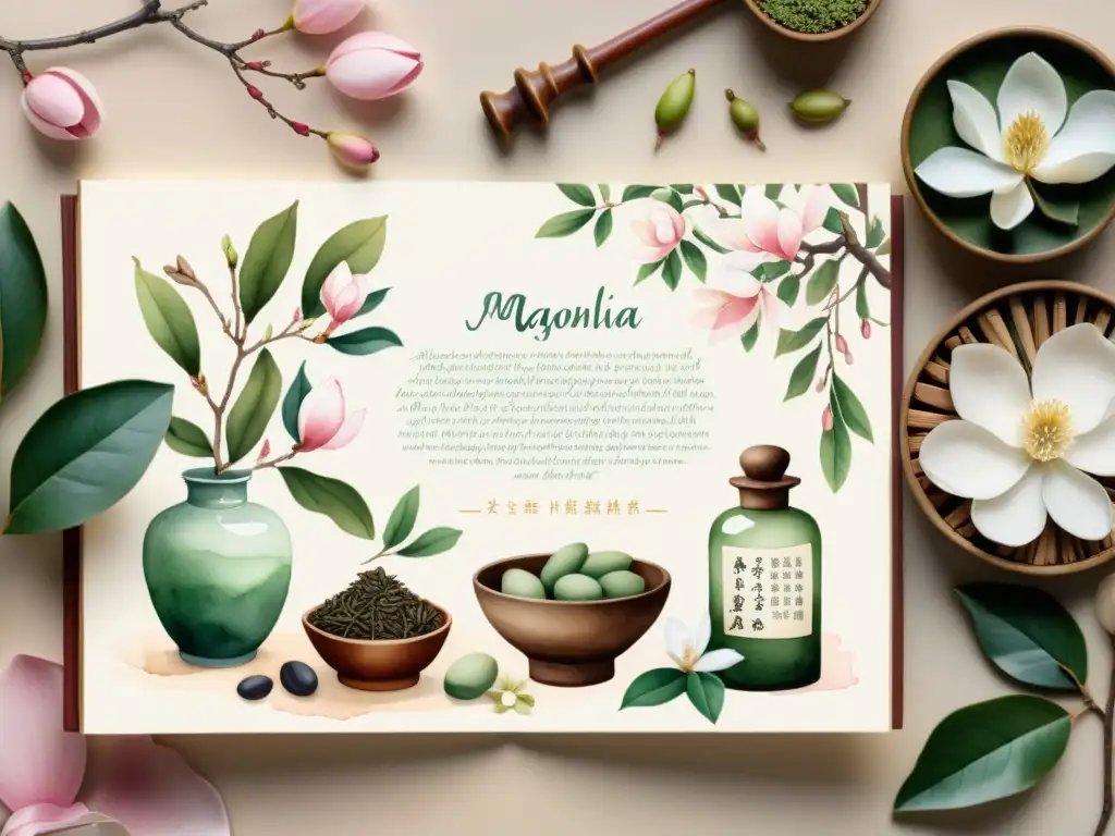 Una ilustración tranquila de una antigua farmacia china con flores de magnolia, un herborista preparando un remedio y hierbas medicinales