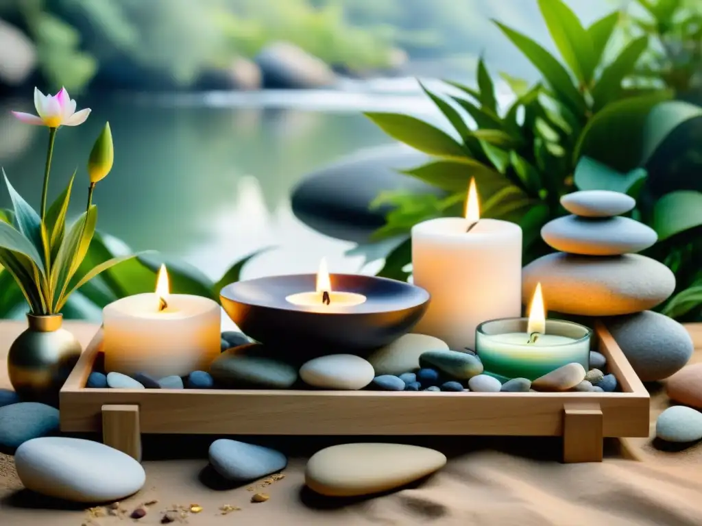 Un tranquilo altar de meditación con elementos naturales en armonía, como piedras de río, incienso, flores y velas, inspirando calma y contemplación