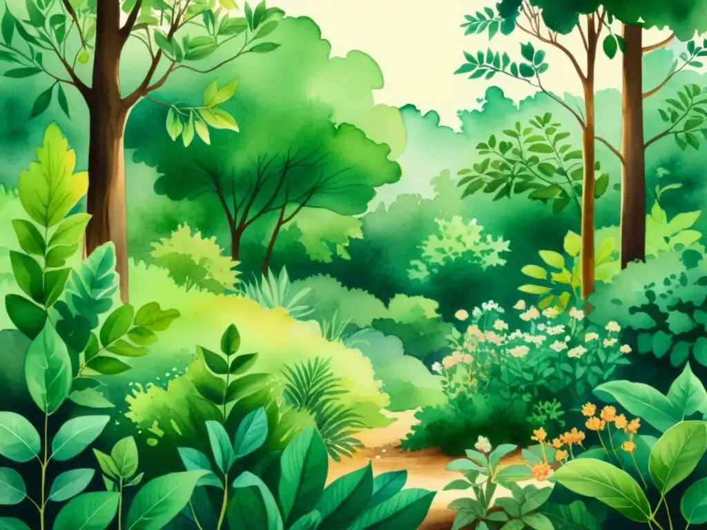 Un tranquilo bosque ilustrado con plantas adaptógenas para ansiedad, emanando armonía natural y vitalidad