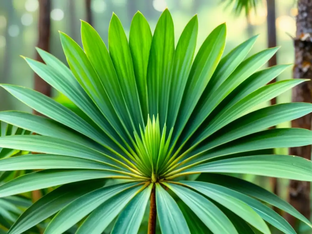 Un tranquilo cuadro de acuarela de una planta de palmito, con detalles intrincados de sus hojas, tallos y frutos, en un bosque soleado y apacible