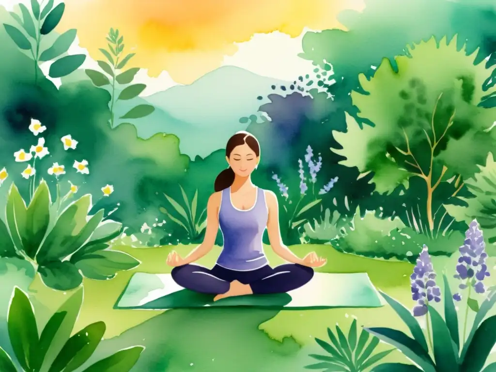 Un jardín de yoga tranquilo e integrando fitoterapia en Yoga, con plantas medicinales vibrantes, luz cálida y serenidad