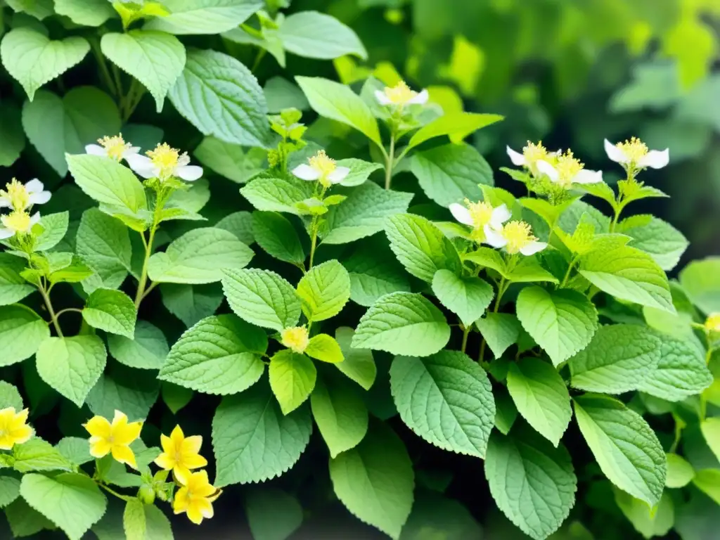 Un tranquilo jardín de melisa con flores amarillas y blancas, bañado por la luz del sol