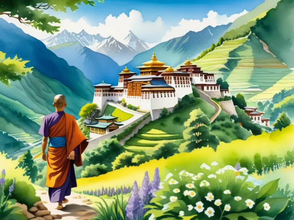 Un tranquilo monasterio tibetano rodeado de montañas verdes, con monjes cuidando plantas medicinales