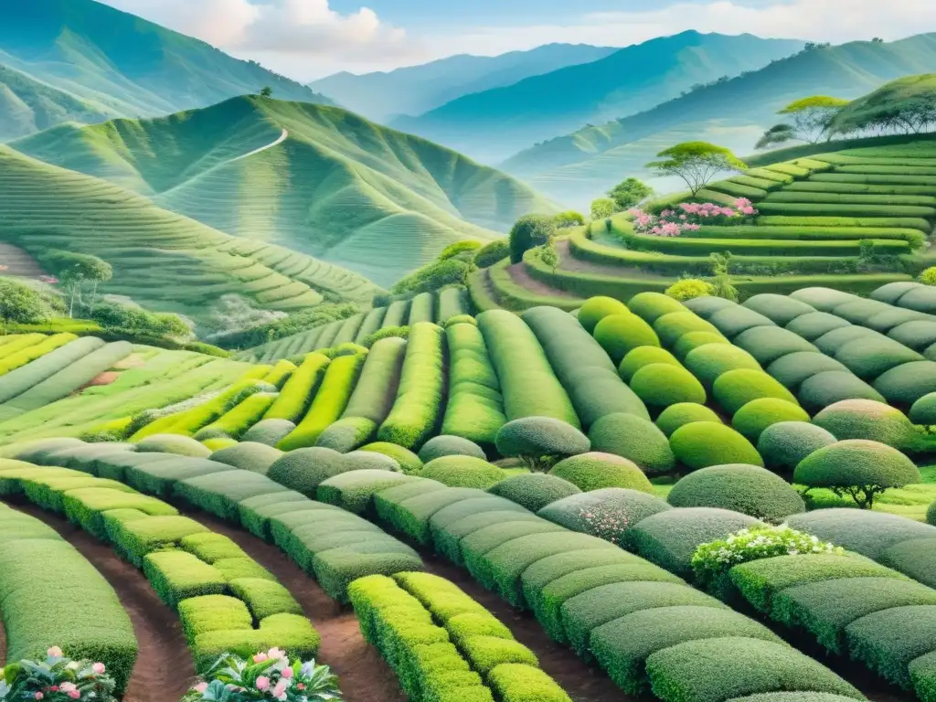 Un tranquilo paisaje de una plantación de té verde, con flores de camellia sinensis