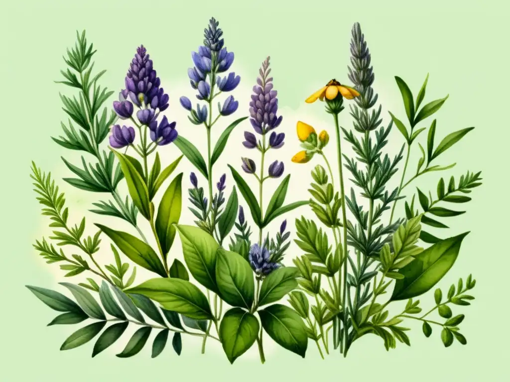 Ilustración acuarela de plantas medicinales en jardín Un tranquilo jardín de plantas medicinales regadas con cuidado, capturando la esencia de los métodos de riego plantas medicinales